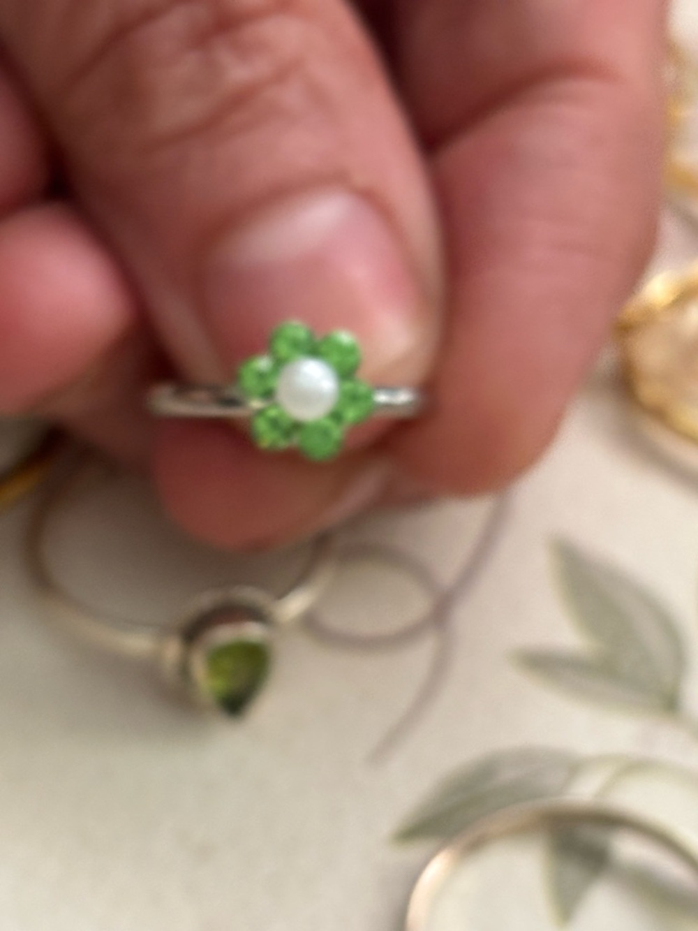 Silver Flower Ring with Green Stones and Pearl Center size 4 adjustable - Picture 3 of 4